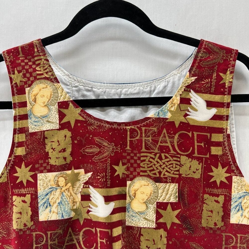 Handmade Upcycled Patchwork Vest Womens Angel Dove Peace Print Crop Top Blue Red - Picture 4 of 10